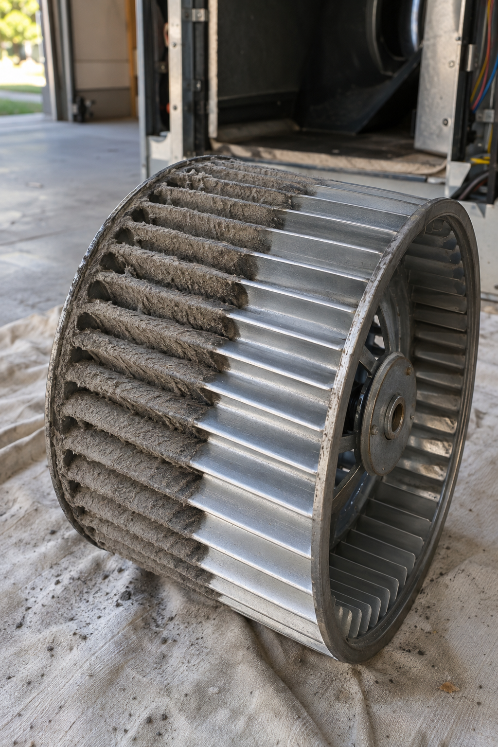 Blower wheel on a drop cloth with half its blades still caked in dust and half cleaned