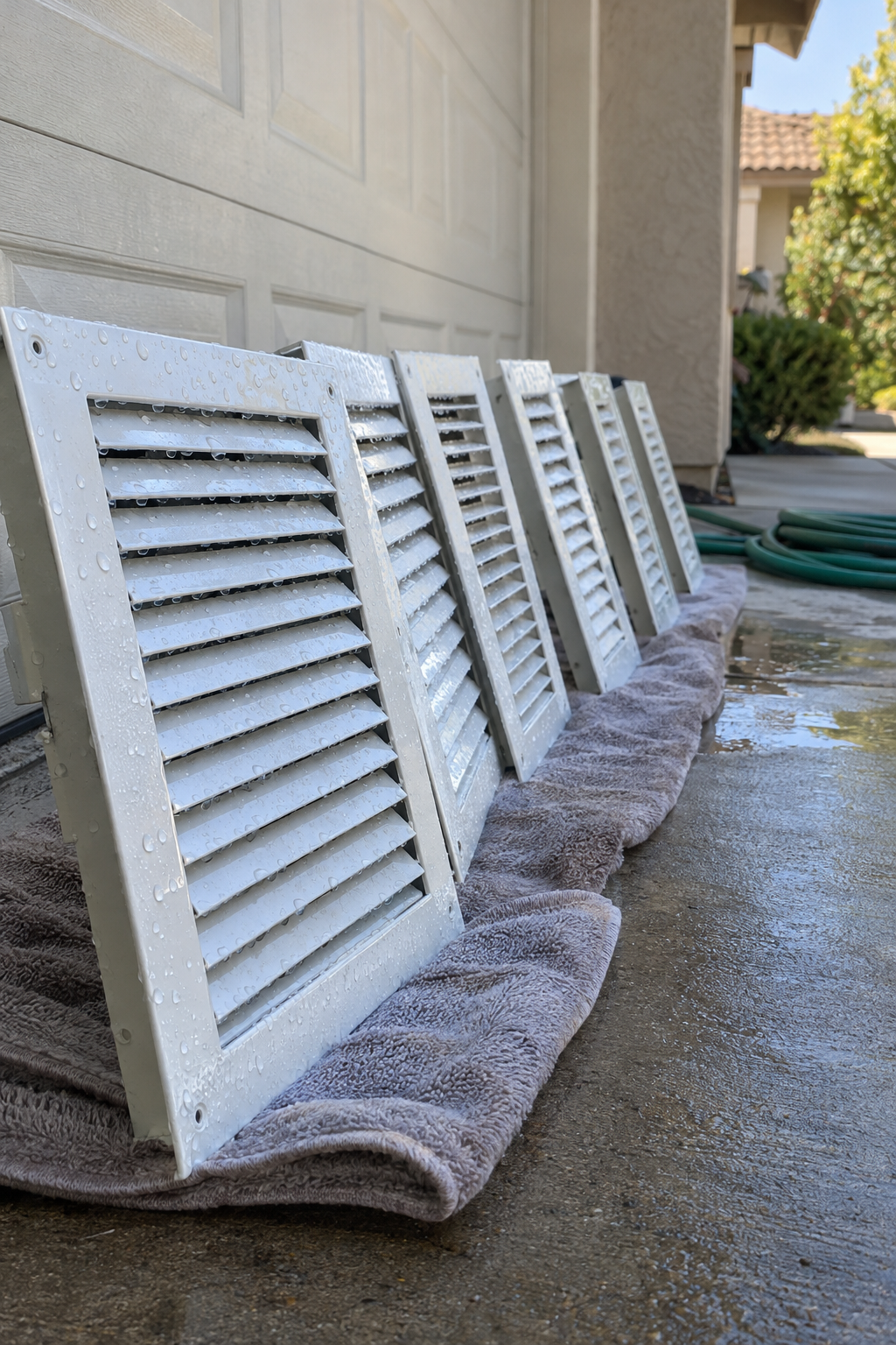 Freshly washed metal supply registers drying on a towel on a driveway